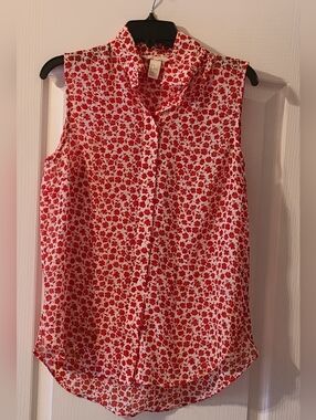 H&M Blouse Sleeveless Red Floral Button-Up Women SZ 6 LIKE NEW